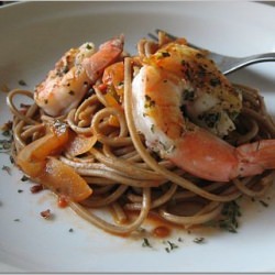 Pasta Arrabiata with Grilled Jumbo Shrimps
