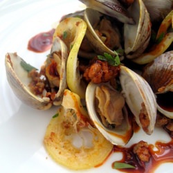 Clams with Chorizo, Lemon, Paprika Oil