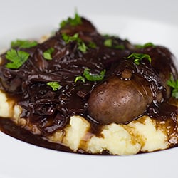 Pork Sausages with Red Wine Gravy