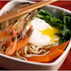 Udon with Prawns and Poached Egg