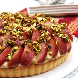 Rosy Poached Pear and Pistachio Tart