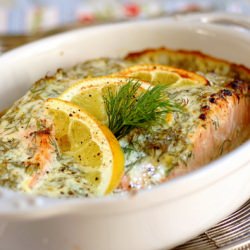 Salmon with a creamy herb sauce.