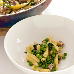 Pasta with Sausage & Crushed Peas