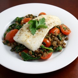 Halibut over Herbed Lentils