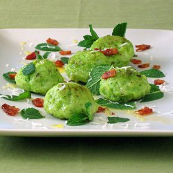 Pea Gnocchi with Bacon & Mint