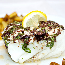 Halibut with Olives and Arugula
