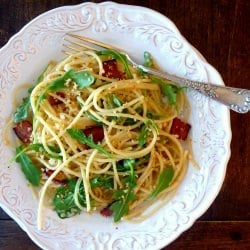 Spaghetti with Bacon and Arugula
