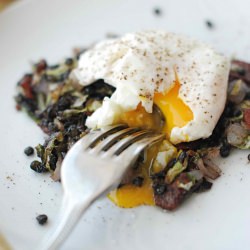 Poached Egg Over Lentils, Bacon