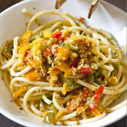 Bucatini with Pepperoni & Crumble