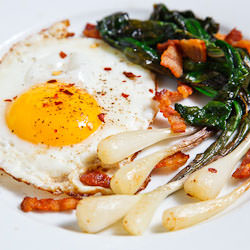Fried Eggs with Ramps and Bacon