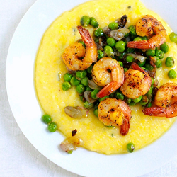 Polenta with Crispy Peas & Shrimp