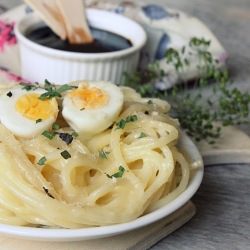 Roasted Garlic Pasta with Quail Egg