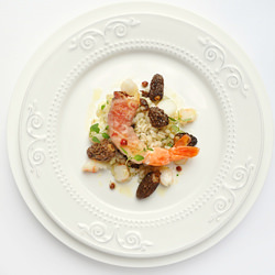 Shrimp on Barley and Morels Ragoût
