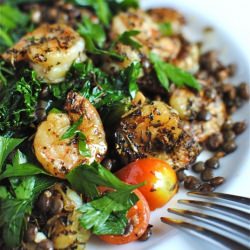 French Lentils with Kale and Shrimp