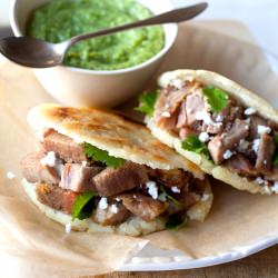 Arepas with Carnitas and Guasacaca