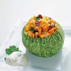 Cheesy Rice & Bean Stuffed Zucchini