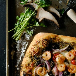 Shrimp, Pesto & Mushroom Pizza