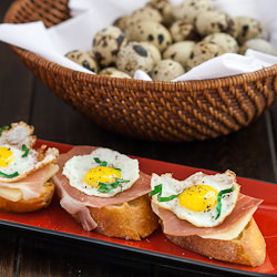 Quail Eggs and Prosciutto Crostini
