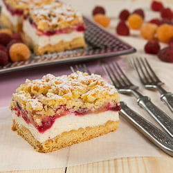 Cake with Foam and Raspberries.