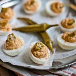 Creole Deviled Eggs w Pickled Okra