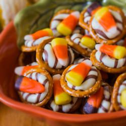 Candy Corn Pretzel Hugs