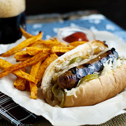 Beer Brats + Sweet Potato Fries