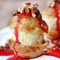 Profiteroles with Cranberry Caramel