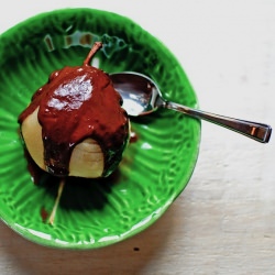 Poached Pears and Chocolate Sauce