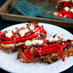 Roasted Veggie, Pesto + Feta Toasts