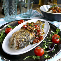 Sea Bass with Puttanesca Sauce