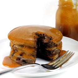 Chocolate Pancakes w/ Caramel Syrup
