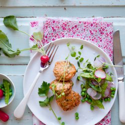 Salmon Fritters with Pea Shoot Mayo