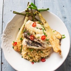 Spring Onions Risotto with Seabass