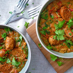 Spicy Sausages with Red Lentil Mash