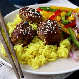 Asian Meatballs with Salad & Rice