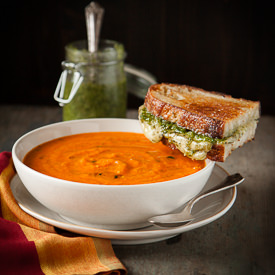 Tomato Soup w/ Pesto Grilled Cheese