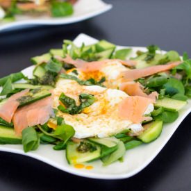 Salad with Fried Eggs and Salmon