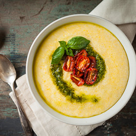 Creamy Cheddar Polenta with Pesto