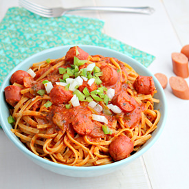 Spaghetti with Hot Dogs Dinner