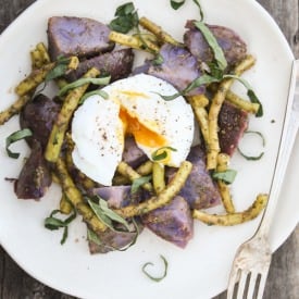 Blue Potato Salad with Poached Egg