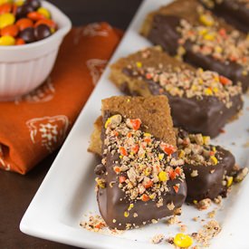 Chocolate Dipped Reese’s Blondies