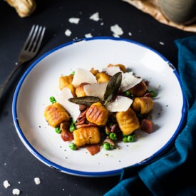 Pumpkin Gnocchi with Bacon & Peas