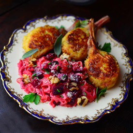 Potato crusted Lamb with Beet Pasta