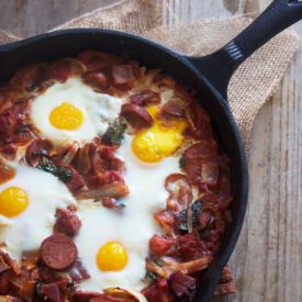 Saucy Chorizo and Bacon Baked Eggs