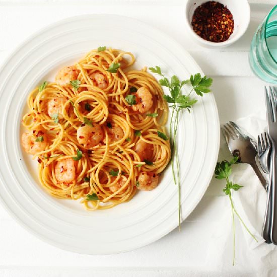Garlic and Chilli Prawn Spahetti
