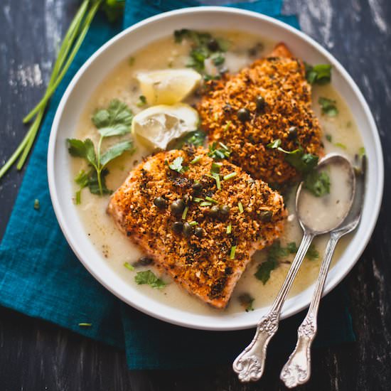 Panko Crusted Salmon in Piccata Sauce