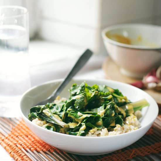 Garlic Greens & Golden Tahini Sauce