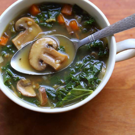 Mushroom, spelt and kale soup