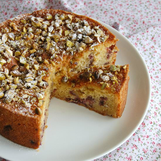 Cherry, pistachio and marzipan cake