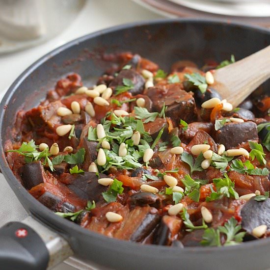 Aubergine stew w/ olives and capers